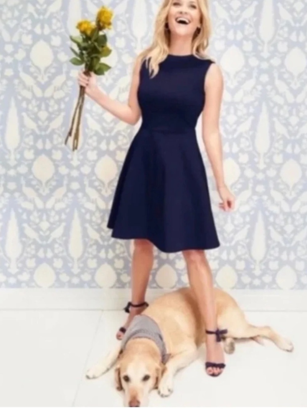 Draper James navy blue sleeveless Love Circle fit and flare dress Size 14